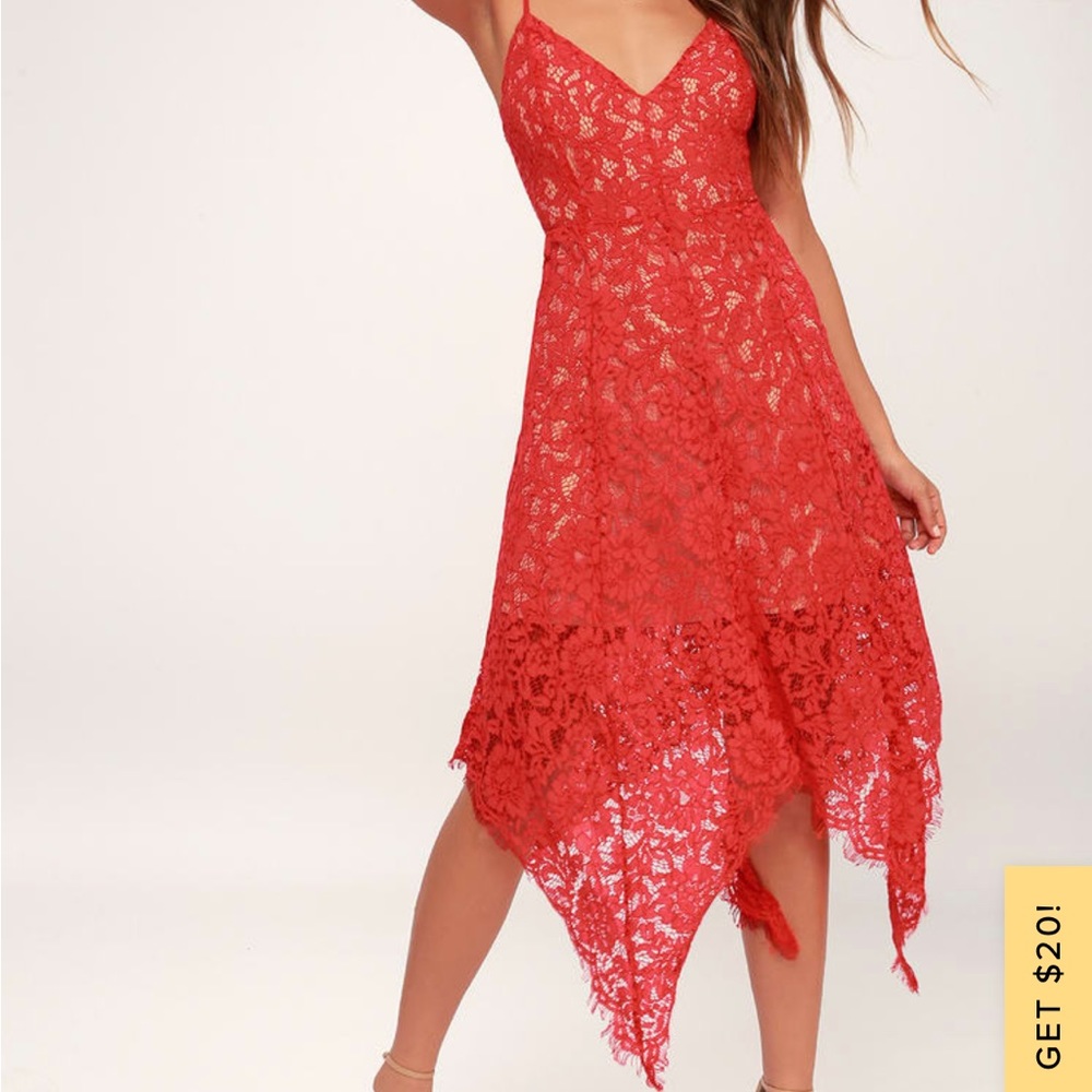 One Wish Red Lace Midi Dress
